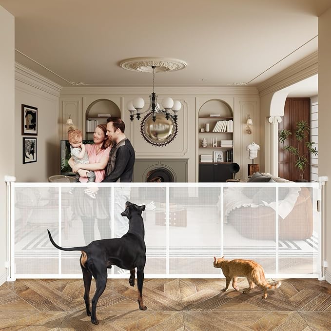 150" Extra Wide Retractable Baby Gates Dog Gate for Large Opening, 41" Extra Tall Mesh Pet Gate, Long Child Safety Gates with Fiberglass Rods for Stairways, Doorways, Hallways - Indoor/Outdoor Use-BubblyBeeBaby