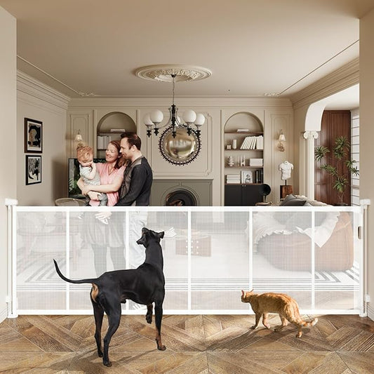150" Extra Wide Retractable Baby Gates Dog Gate for Large Opening, 41" Extra Tall Mesh Pet Gate, Long Child Safety Gates with Fiberglass Rods for Stairways, Doorways, Hallways - Indoor/Outdoor Use-BubblyBeeBaby