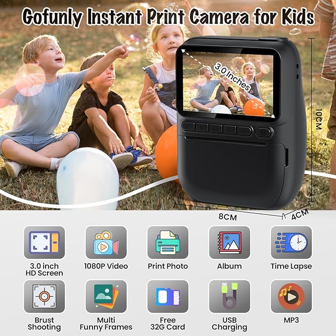 Instant Print Camera for Kids, 3.0" HD 1080P Digital Video Cameras with 3 Rolls of Printer Paper for Toddler, Birthday Gifts Toy for Girls Boys with 32GB SD Card (3.0 Style, Black)-BubblyBeeBaby