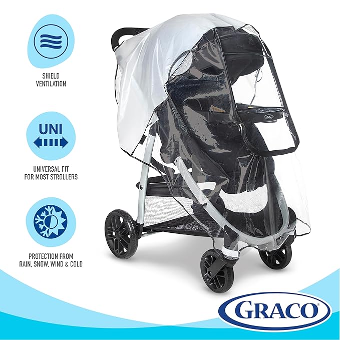Graco Univeral Deluxe Weather Shield with Zippered Window, Baby Rain Cover, Universal Size to fit Most Stollers, Waterproof, Windproof, Ventilation, Protection, Shade, Umbrella, Pram, Vinyl, Clear-BubblyBeeBaby