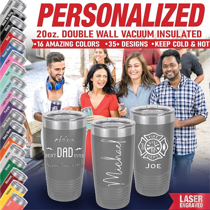 iProductsUS Personalized Tumbler for Men, Insulated Stainless Steel Travel Coffee Mug, Laser Engraved Custom Cup, Slider Lid Included, Gifts for Dad, Husband (Gray, 20oz)-BubblyBeeBaby