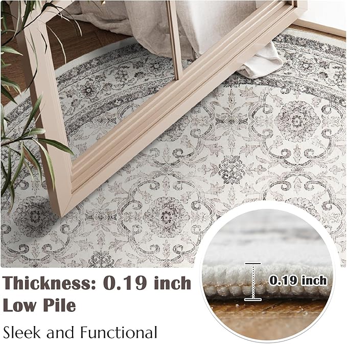 jinchan Round Rug 4ft Washable Circle Soft Rug - Low Pile Vintage 4'Round Indoor Beige Floral Print Stain Resistant Boho Carpet Ultra-Thin Non-Slip for Entryway Nursery Bedroom Dining Room Kitchen-BubblyBeeBaby