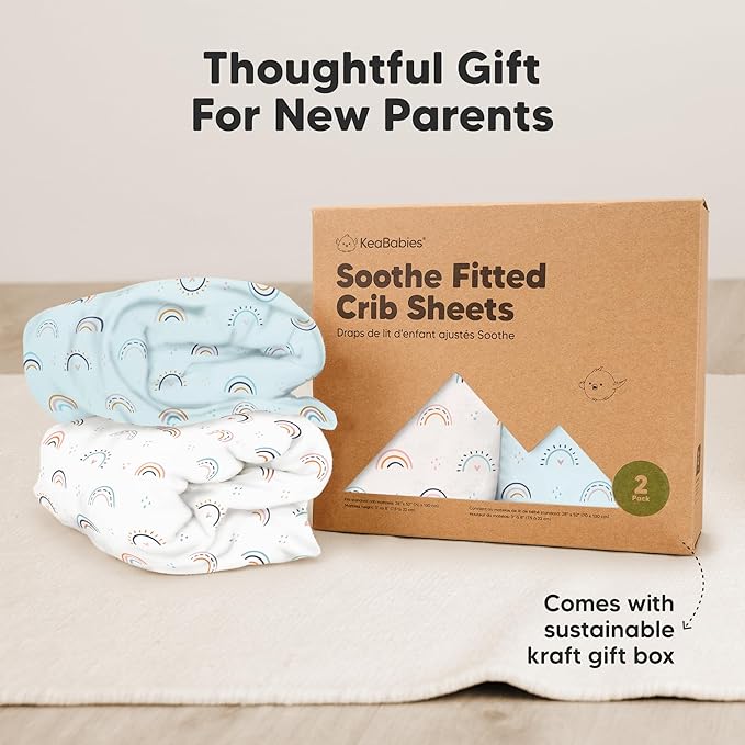 KeaBabies 2-Pack Organic Crib Sheets for Boys, Girls - 52x28 Fitted Crib Mattress Sheet Neutral, Breathable Jersey Cotton Cover for Baby Bed, Toddler Mattress, Soft & Cute Prints (Jolly Rainbow)-BubblyBeeBaby