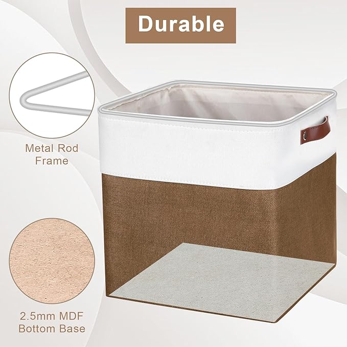 13x13 Cube Storage Bins, Collapsible Fabric Storage Box, 4 Pack Closet Baskets with Handles for Organizing, Shelf, Toys, Clothes, Home, Office, Nursery (Brown&White)-BubblyBeeBaby