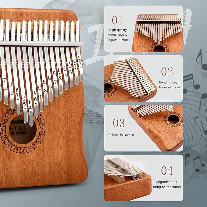 Kalimba Thumb Piano,YUNDIE Portable 21 Keys Mbira Finger Piano with Tune Hammer and Study Instruction,Musical Instruments Gift for Kid Adult Beginners Professional(Brown)-BubblyBeeBaby