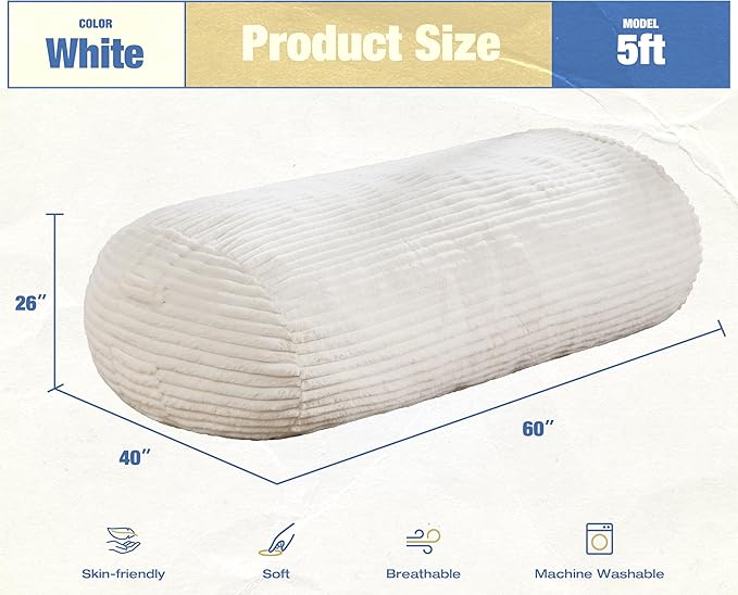 Hobestluk 5FT Bean Bag Chairs Adult Bean Bag with Portable Handle Comfy Large Bean Bag Lounge Chair with Removable Cover for Living Room Bedroom (Stripe White, 5FT)-BubblyBeeBaby