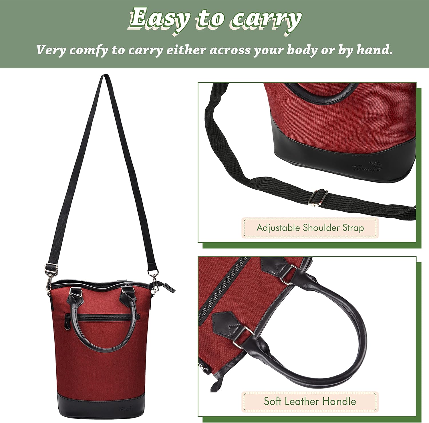 Tirrinia Insulated Wine Gift carrier Tote - Travel Padded 2 Bottle Wine/Champagne Cooler Bag with Handle and Adjustable Shoulder Strap, Great Wine Lover Gift, Red