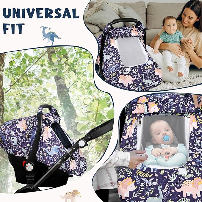 Pea Pod Car Seat Cover Baby, Infant Car Seat Canopy Covers for Newborn with 2 Layers Windows of Breathable Mesh Fabric, Lightweight Polyester/Soft Minky Dot Backing (Dinosaur)-BubblyBeeBaby