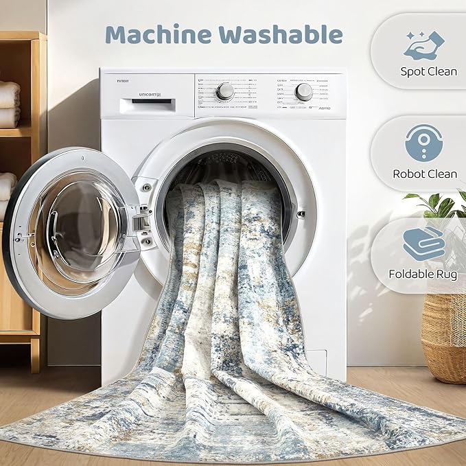 12x15 Area Rugs Washable Rug: Living Room Large Abstract Modern Soft Stain Resistant Indoor Floor Non Slip Accent Carpet for Bedroom Nursery Playroom Office Dining Room Dorm Home House- Blue-BubblyBeeBaby