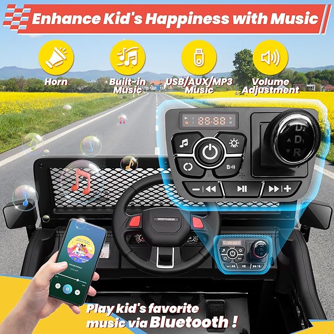 24V 4WD Ride on Truck Car w/800W Motors, Gift Flower, Remote Control, 2 Seaters, Light Bar, 3 Speeds, Pop Music, Power Four Wheels, 24 Volt Ride on Toy Car for Big Kids, Black-BubblyBeeBaby