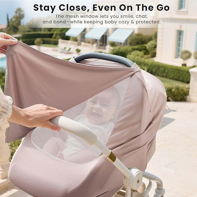 Konssy Baby Car Seat Cover with Breathable Mesh Window, Stretchy Windproof and Sunshade Canopy for Infant Car Seats, Boys and Girls-BubblyBeeBaby