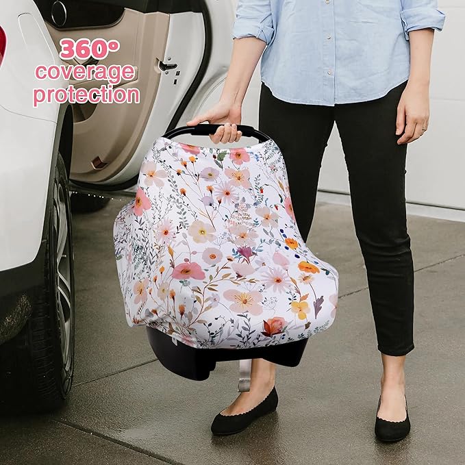 Rquite All-in-1 Car Seat Cover Baby, Carseat Covers for Girl Boy, Stretchy Soft Infant Car Seat Cover, Multi-use Baby Carrier Cover, Car Seat Canopy, Stroller Sun Shade, Nursing Breastfeeding Cover-BubblyBeeBaby
