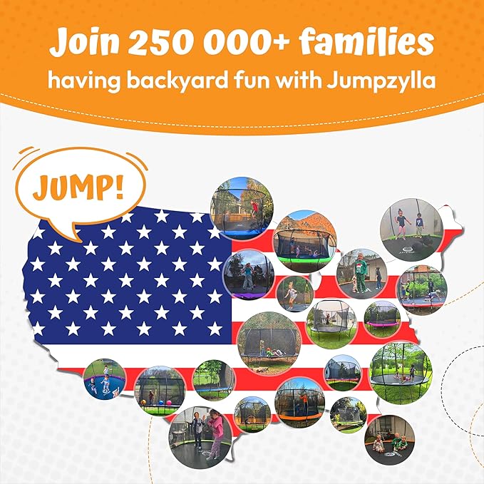 JUMPZYLLA Trampoline Outdoor 8FT 10FT 12FT 14FT 15FT 16FT with Enclosure and Ladder, ASTM Approved Recreational Trampoline for Kids and Adults, Anti-Rust Coated Frame-BubblyBeeBaby