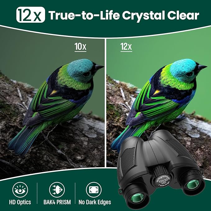 12x30 Compact Binoculars for Adults and Kids, High Power Lightweight Small Binoculars with Phone Adapter for Cruise Ship Hiking Bird Watching Sports Safari Viewing Football Sports Concert-BubblyBeeBaby