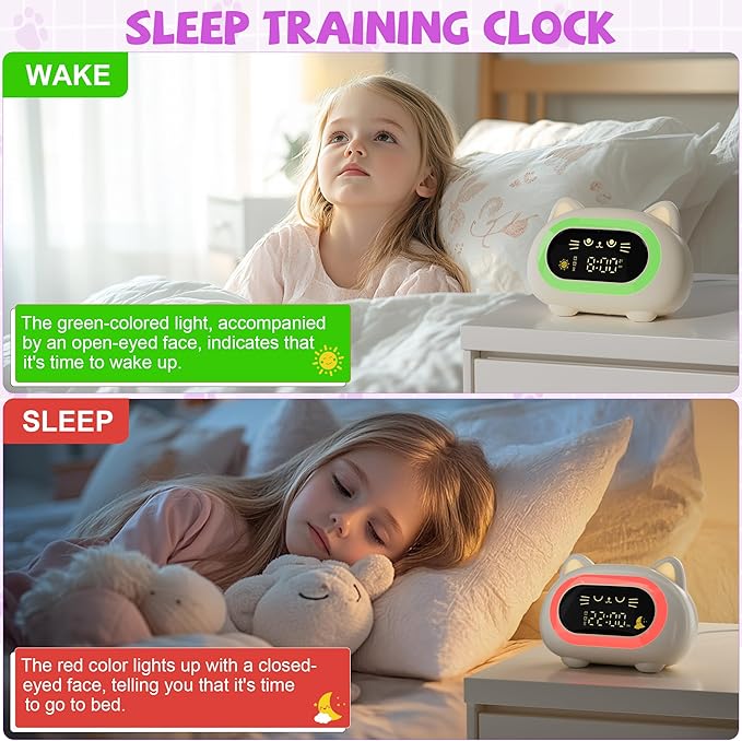 Honesorn Alarm Clock for Kids, Ok to Wake Clock for Kids, Cute Cat Kids Alarm Clock for Girls Boys Toddler, Kids Clock with 10 Night Lights, 7 Soothing Sounds, Auto-Off Timer, Child Lock, Cream White-BubblyBeeBaby