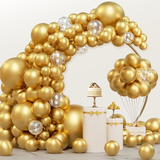 JOYIN 150 Pcs Metallic Gold Balloons, Different Sizes 18 12 10 5 Inch Gold Latex Balloon Arch Kit with Instruction for Birthday Decoration Party Graduation Wedding Holiday-BubblyBeeBaby