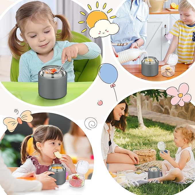 2 - in - 1 Soup Thermo for Hot Food 14oz with Snack Box Container Leak Proof Insulated Lunch Container Kids and Adults Stainless Steel Double Wall Vacuum Wide-mouth Thermal with Spoon and Handle-BubblyBeeBaby