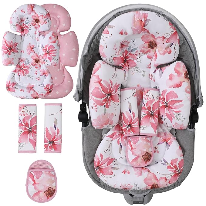 Infant Car Seat Insert, 2-in-1 Head & Body Carseat Support for Baby Newborn Toddler with Strap Covers, Reversible Ultra-Soft Cushion for Baby Carseat, Stroller, Swing & Bouncer-BubblyBeeBaby