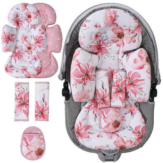Infant Car Seat Insert, 2-in-1 Head & Body Carseat Support for Baby Newborn Toddler with Strap Covers, Reversible Ultra-Soft Cushion for Baby Carseat, Stroller, Swing & Bouncer-BubblyBeeBaby