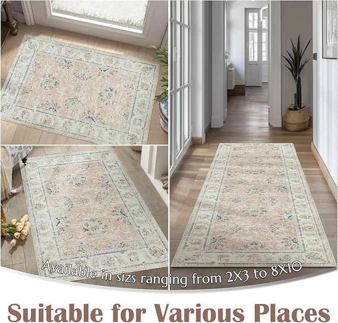 jinchan Washable Area Rug 4x6 Ultra-Thin Low Pile Non-Slip Stain Resistant Soft Faux Wool Spring Floral Rug Distressed Vintage Carpet for Bedroom,Living Room,Dining Room,Kitchen,Nursery(Pink, 4' x 6')-BubblyBeeBaby