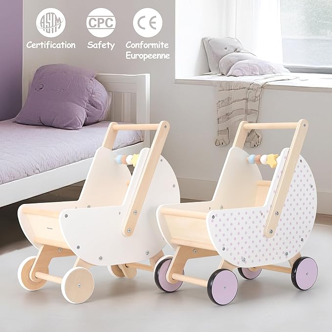 Wooden Baby Walker & Doll Stroller – Adjustable Handle Push Cart, Anti‑Tip, Quiet Wheels, Pretend Shopping Cart – Montessori Wooden Walker for Babies, Doll Stroller for Toddlers 12m+-BubblyBeeBaby