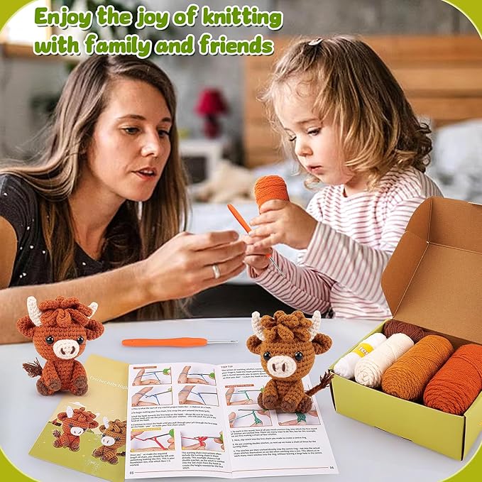 Highland Cow Crochet Kit for Beginners - 2PCS Animals Crochet Kit with Step-by-Step Video Tutorials, Highland Cows Crocheting Kit, Crochet Starter Kit for Kids and Adults, Stuffed Animal Knitting Kit-BubblyBeeBaby