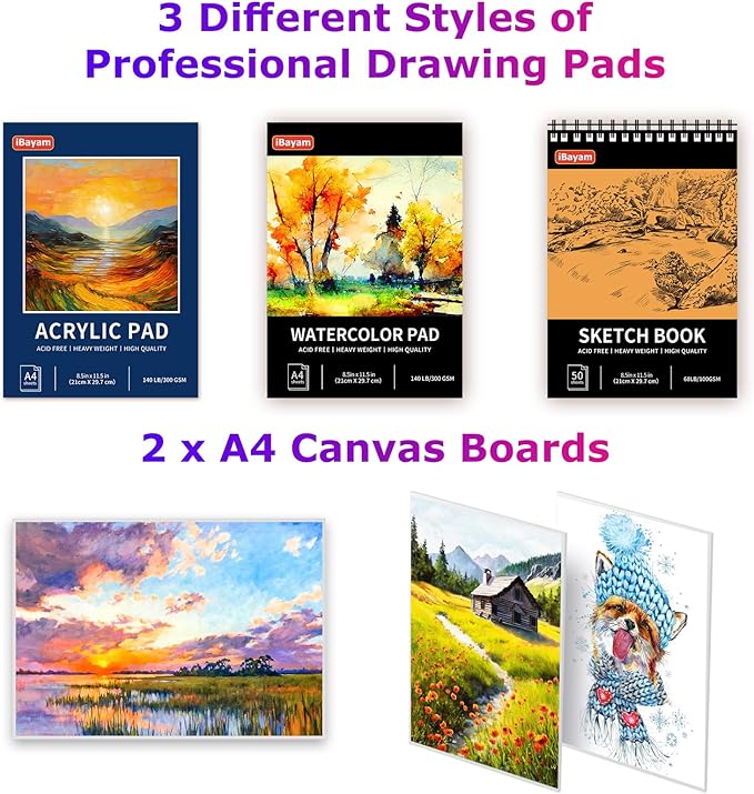 iBayam Art Set for Kids Teens Girls Boys Adult, 195-Pack Deluxe Artist Gift Box with 3 PCS Drawing Pads, A4 Canvases, Arts and Crafts Kits, Painting, Drawing & Art Supplies with 24 Color Acrylic Paint-BubblyBeeBaby