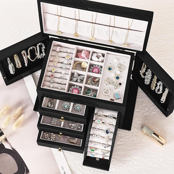 Jewelry Box Organizer, Solid Wood Jewelry Boxes for Women, Double Layer Jewelry Organizer Box Display Earring Necklace Bracelet Ring, Rustic Style Small Jewelry Box for Girls (Black)-BubblyBeeBaby