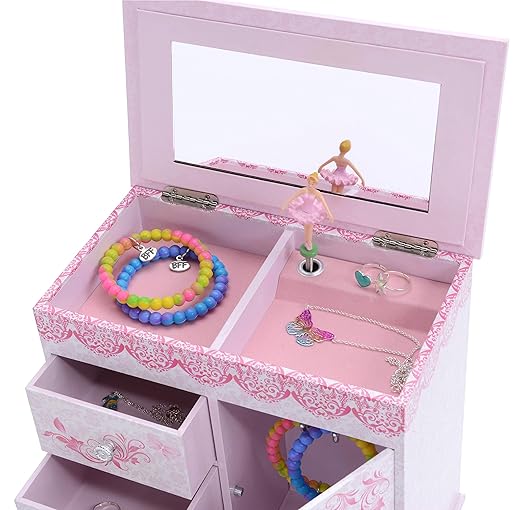 Jewelkeeper - Ballerina Jewelry Box for Girls with 3 Pullout Drawers - Ballerina Music Box with Swan Lake Tune - Ballet Slipper Design - Jewelry Storage Organizer for Necklaces and Bracelets-BubblyBeeBaby