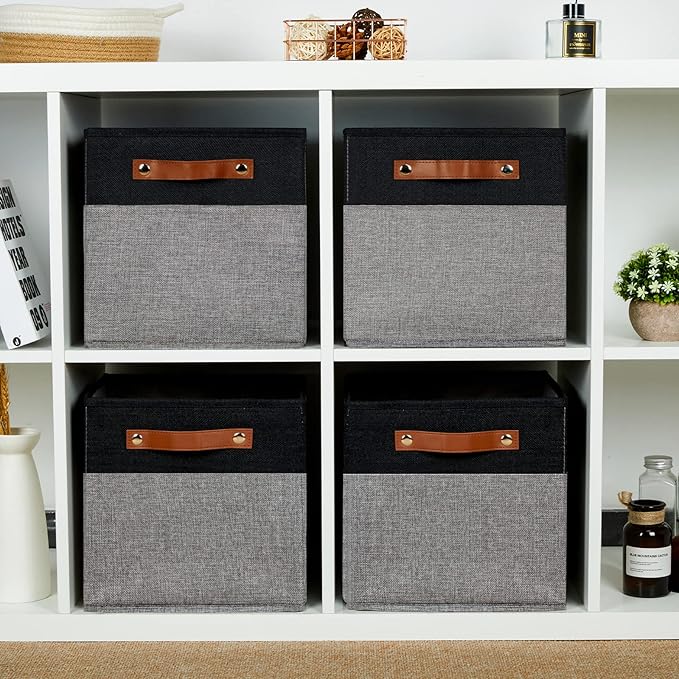 HNZIGE Fabric Cube Storage Baskets 11x11, Set of 4, Foldable Baskets with Handlesfor Organizer Closet(Black Gray)-BubblyBeeBaby