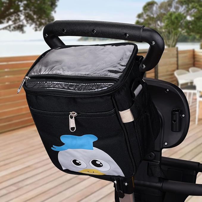 Baby Stroller Organizer Bag，Small Diaper Bag - Universal Stroller Organizer With Insulated Cup Holder,Pocket With Baby Wipes Dispenser，Adjustable Shoulder Strap(Black)-BubblyBeeBaby