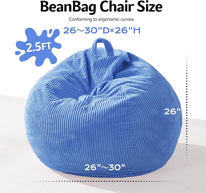 Homguava 2FT Bean Bag Chair,Teardrop Bean Bags Small Beanbag Chair with Memory Foam Filled and Ultra Soft Corduroy Cover for Living Room, Bedroom (Small,Blue)-BubblyBeeBaby