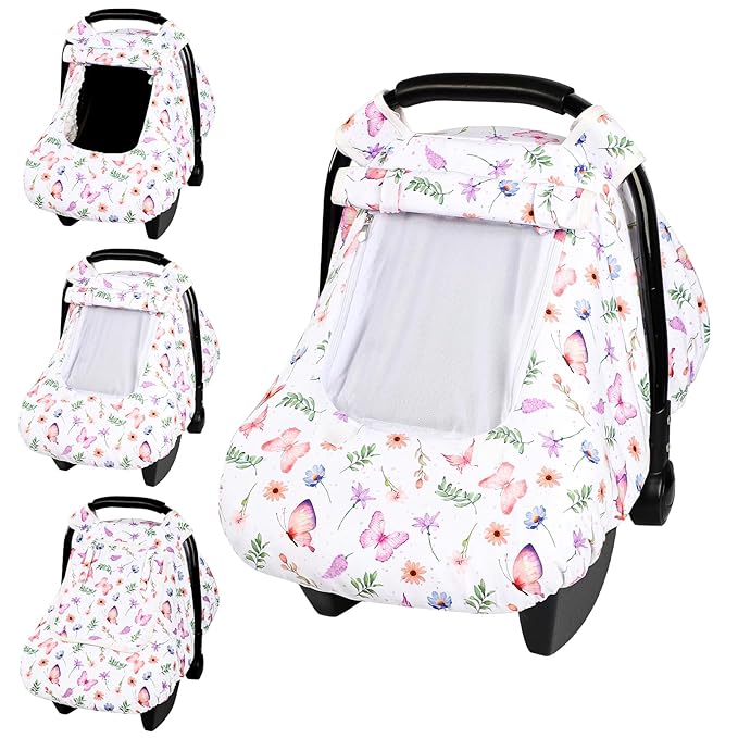 Pea Pod Car Seat Cover Baby, Infant Car Seat Canopy Covers with 2 Layers Windows of Breathable Mesh Fabric, Lightweight Polyester, Soft Minky Dot Backing (Butterfly Pattern)-BubblyBeeBaby