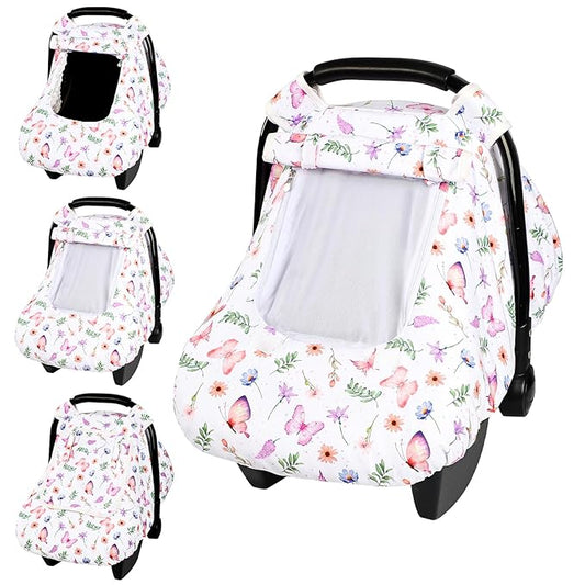 Pea Pod Car Seat Cover Baby, Infant Car Seat Canopy Covers with 2 Layers Windows of Breathable Mesh Fabric, Lightweight Polyester, Soft Minky Dot Backing (Butterfly Pattern)-BubblyBeeBaby