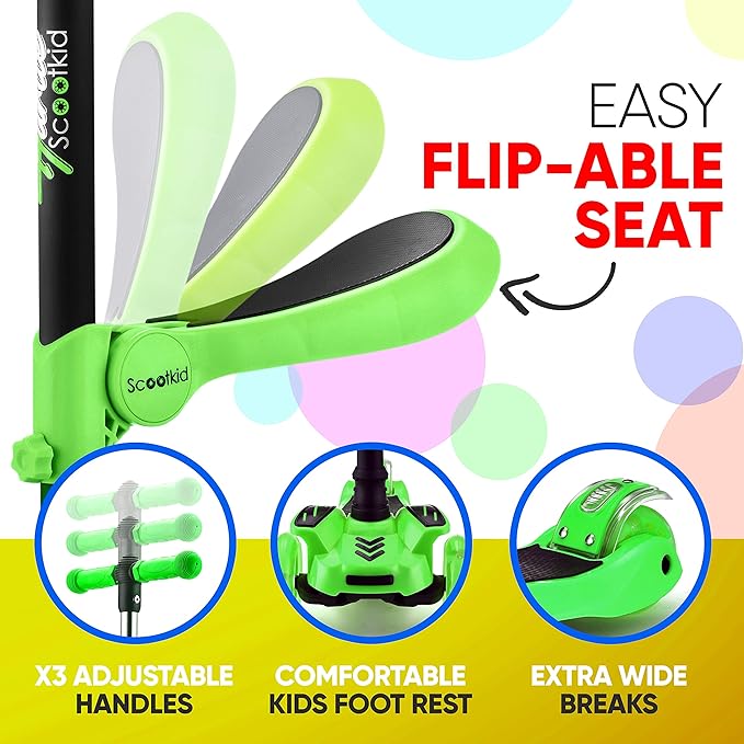 Hurtle 3-Wheeled Scooter for Kids - Wheel LED Lights, Adjustable Lean-to-Steer Handlebar, and Foldable Seat - Sit or Stand Ride with Brake for Boys and Girls Ages 1-14 Years Old-BubblyBeeBaby