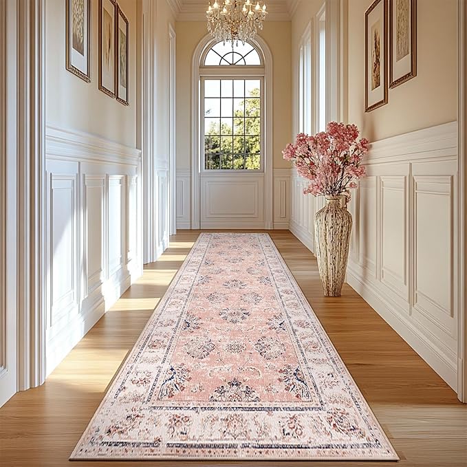 jinchan Long Hallway Runner Rug 2x12 Machine Washable Runner Rug Pink Vintage Floral Design Non-Slip Ultra-Thin for Kitchen Laundry Room Bedroom Farmhouse (2‘x12',Pink)-BubblyBeeBaby