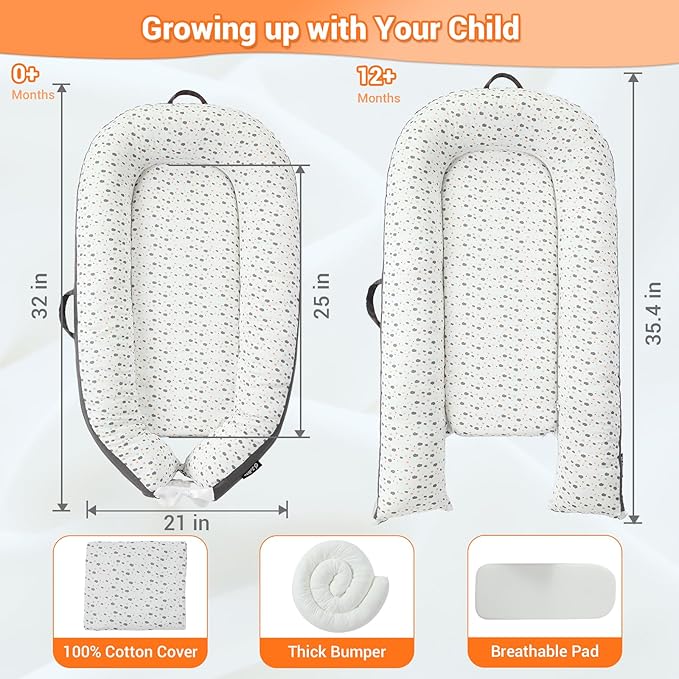 JOLLITO Baby Lounger for Baby Girls & Boys, Infant Lounger Cover, Newborn Essentials for Baby 0-12 Months, Baby Play Mat,100% Cotton Breathable, Portable Travel, Babies Essentials Gifts-BubblyBeeBaby