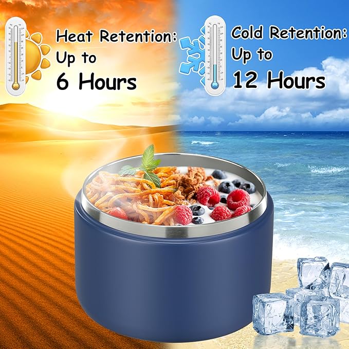 12oz Insulated Vacuum Food Jar with Buckle Lid Wide Mouth Soup Thermo for Hot Food Kids Leakproof Stainless Steel Lunch Container- Blue 1 Pack-BubblyBeeBaby