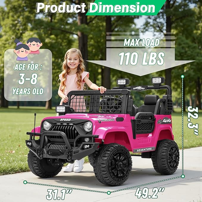 2 Seater Ride On Car Truck with Remote Control XL, Kids 24V Battery Powered Electric Vihicle w/21 in Seat, 3 Speeds, 2WD/4WD Switichable, Shock Absorbers,Bluetooth, Flower, Gift Choice-BubblyBeeBaby