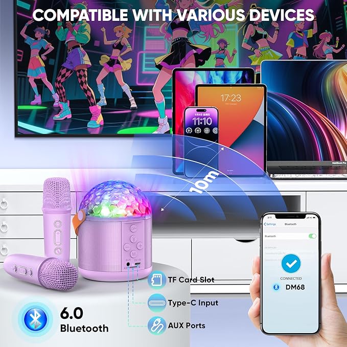 Karaoke Machine with Disco LED Lights for Adults Kids, Portable Bluetooth Speaker with 2 Wireless Microphone, Gifts Toys for 3-12+ Kids Birthday Family Home Party-BubblyBeeBaby