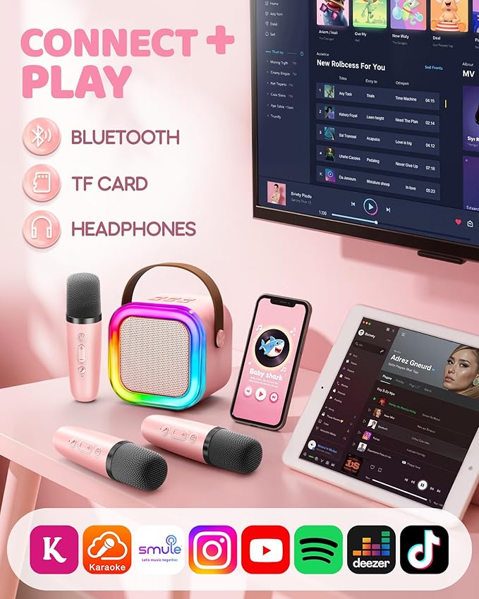 IROO Mini Karaoke Machine for Kids, 2025 TOP Toys Birthday Gifts Ideas for Girls Ages 4, 5, 6, 7, 8, 9, 10, 12+ Years Old, Portable MP3 Player with 3 Wireless Mics for Party-BubblyBeeBaby