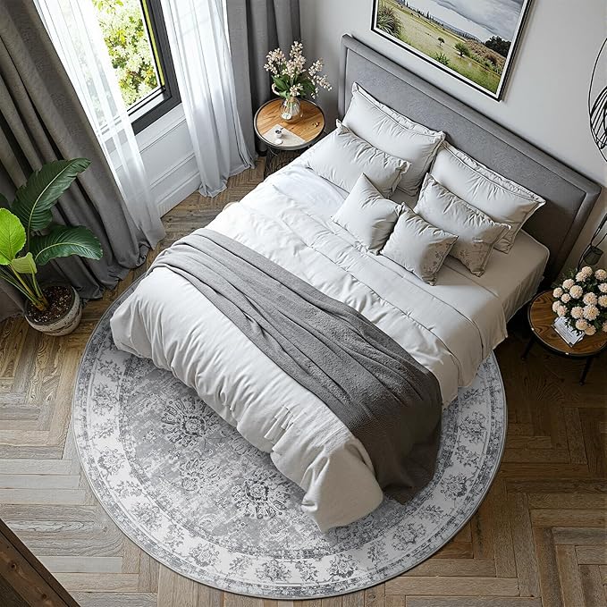 jinchan Round Rug 7ft Area Rug - Grey Vintage Floor Mat Kitchen Indoor Ultra-Thin Soft Floral Print - Washable Circle 7' Retro Accent for Farmhouse Non Slip Dining Room Living Room Bedroom Office-BubblyBeeBaby
