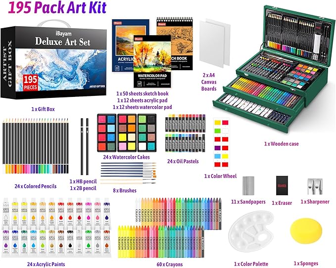 iBayam Art Kit for Kids Teens Teenage Adult, 195-Pack Drawing Coloring Sketching Art Supplies Set for Cards Rocks Eggs Canvas Ceramic Wood Anime, with Canvases, Sketchbooks, Watercolor & Acrylic Pads-BubblyBeeBaby