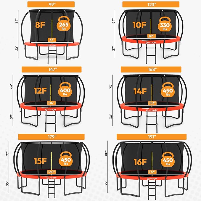JUMPZYLLA Trampoline Outdoor 8FT 10FT 12FT 14FT 15FT 16FT with Enclosure and Ladder, ASTM Approved Recreational Trampoline for Kids and Adults, Anti-Rust Coated Frame-BubblyBeeBaby