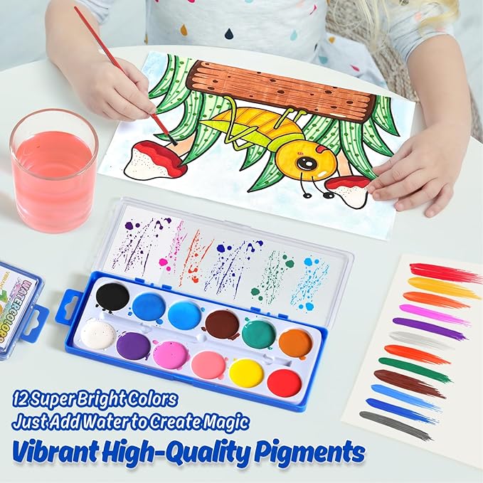 24 Packs Watercolor Paint Set Bulk, 12 Vibrant Colors Washable Watercolors with Brushes for Kids, Art Activities Painting Supplies for School Classroom Home-BubblyBeeBaby