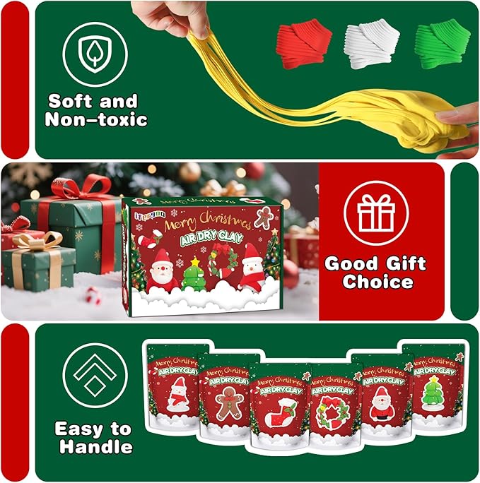 ifergoo Air Dry Clay for Kids - Christmas Modeling Clay Kit, 6 Christmas Molding Designs, Creative Sculpting Activity Kit with Tools & Tutorials, DIY Art Craft Gifts for Girls and Boys-BubblyBeeBaby