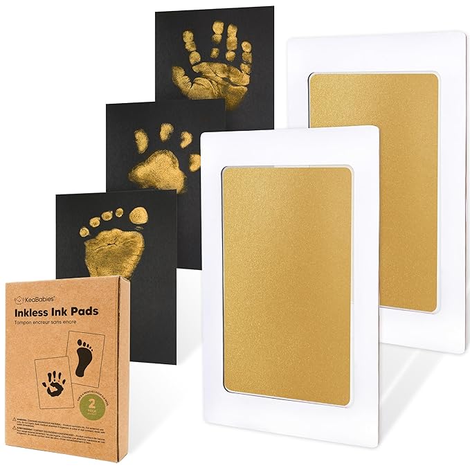 2-Pack Inkless Baby Hand and Footprint Kit - Mess Free Ink Pad for Newborn Keepsake, Dog Nose & Paw Print Kit, Clean Touch Ink Pad for Baby Hand & Footprints, Ideal New Mom Gifts (Gold)-BubblyBeeBaby
