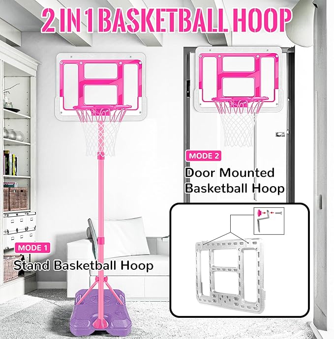 Kids Basketball Hoop with Stand, Adjustable Basketball Set, Toddler Basketball Toys for Boys Age 3 4 5 6 7 8, Indoor Outdoor Backyard Sport Game Gifts Pink-BubblyBeeBaby