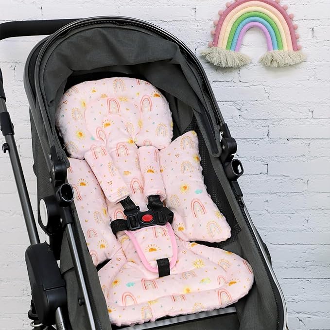 Infant Car Seat Insert and Strap Covers, Very Soft Car Seat Head Support Baby Girl Boy, Reversible Newborn Carseat Insert Cushion Fits for Stroller, Baby Swing, Bouncer (Pink Rainbow)-BubblyBeeBaby