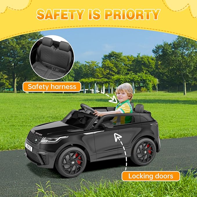 Hetoy Kids Ride On Car with Remote, Licensed Land Rover Kids Electric Car, Ride On Toys for Kids 3-8 with Mp3 Player, Rocking, Pull Rod, Black-BubblyBeeBaby